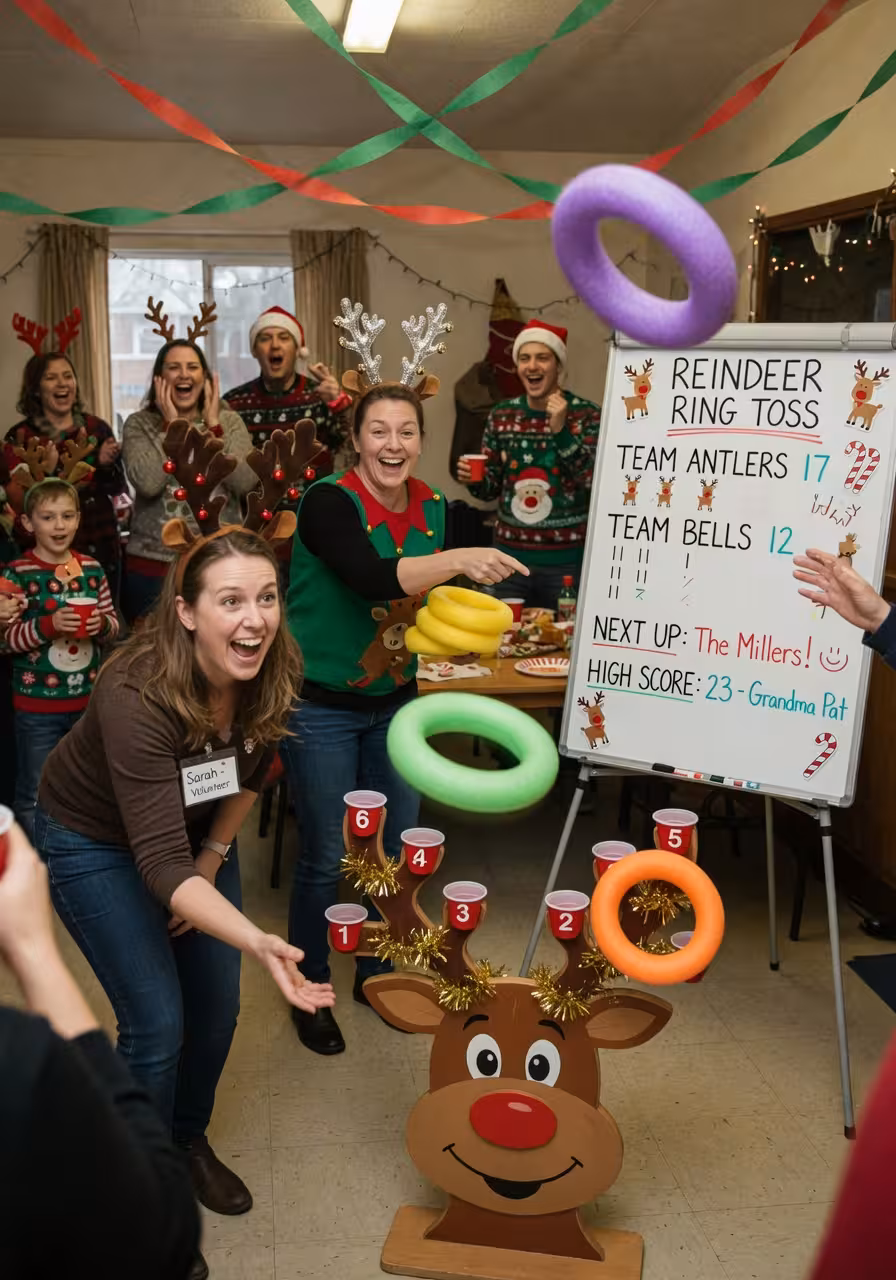 Fun reindeer ring toss game in action with volunteers wearing antler headbands and foam rings mid-flight