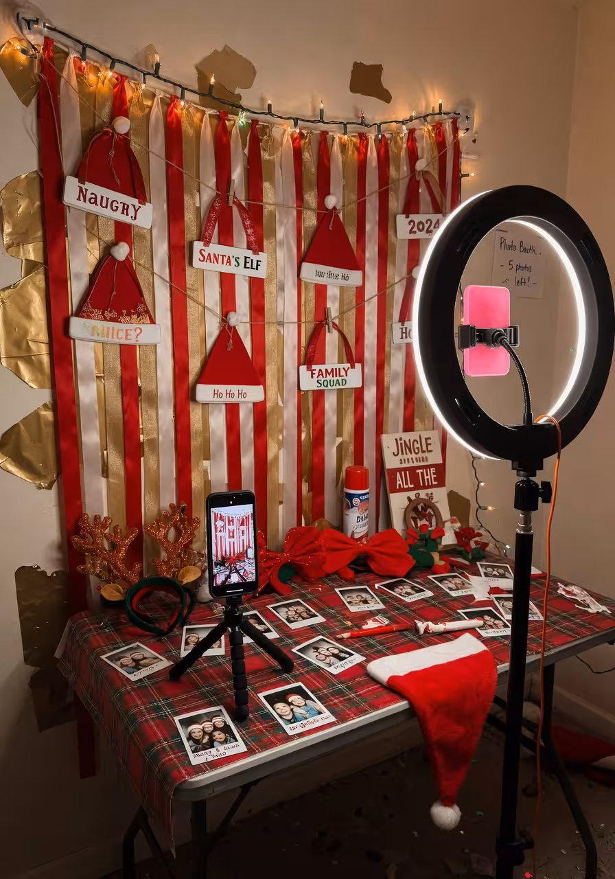Family photo booth corner with holiday props, a ring light, and printed Santa hats and signs hanging