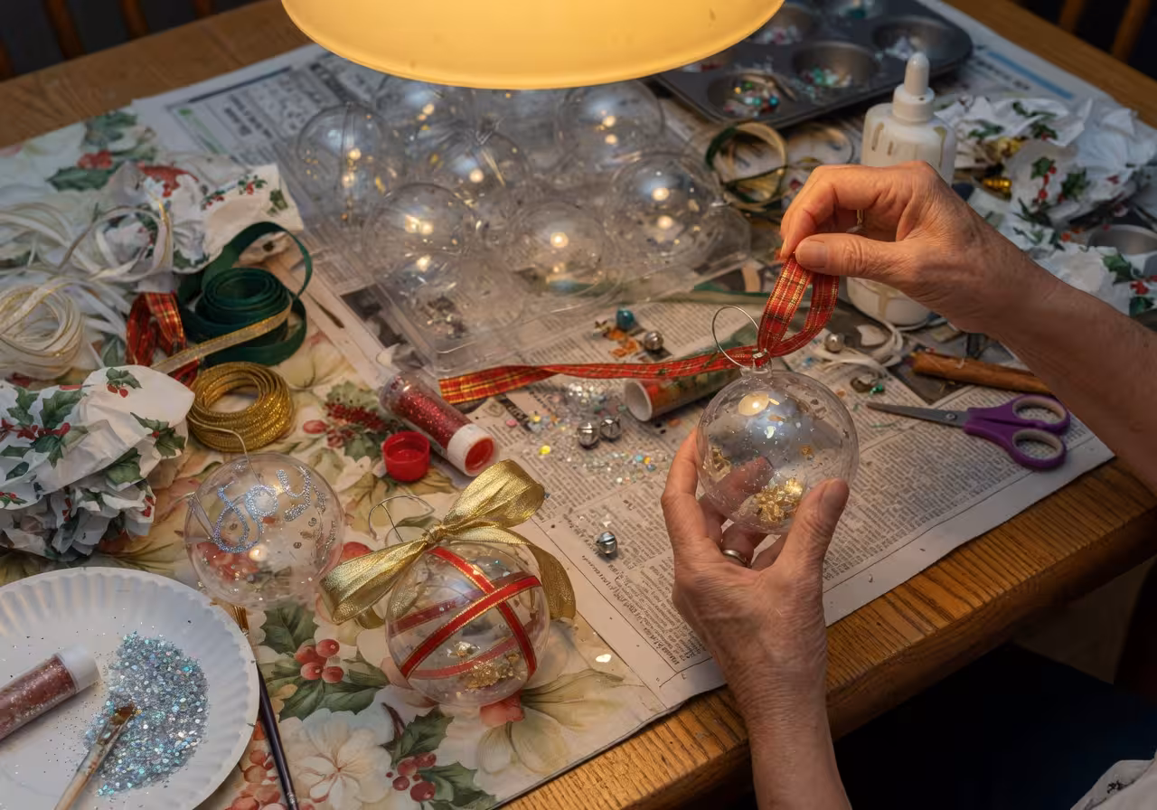 Tabletop scene with clear plastic ornaments being decorated, elderly hands adding ribbon and glitter to a clear ornament