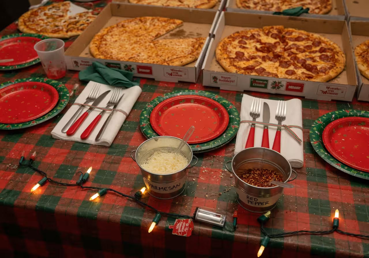Casual holiday party setup with red and green paper plates, rolled napkins with silverware, and battery string lights