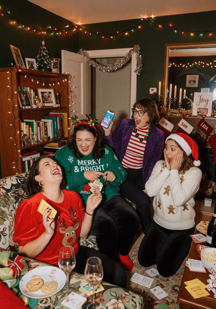 Group of women playing an interactive party game in a living room, wearing holiday sweaters and velvet outfits