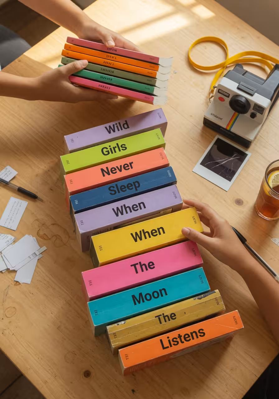 Hands arranging book spines to create spine poetry on a wooden table from a mix of colorful paperback spines