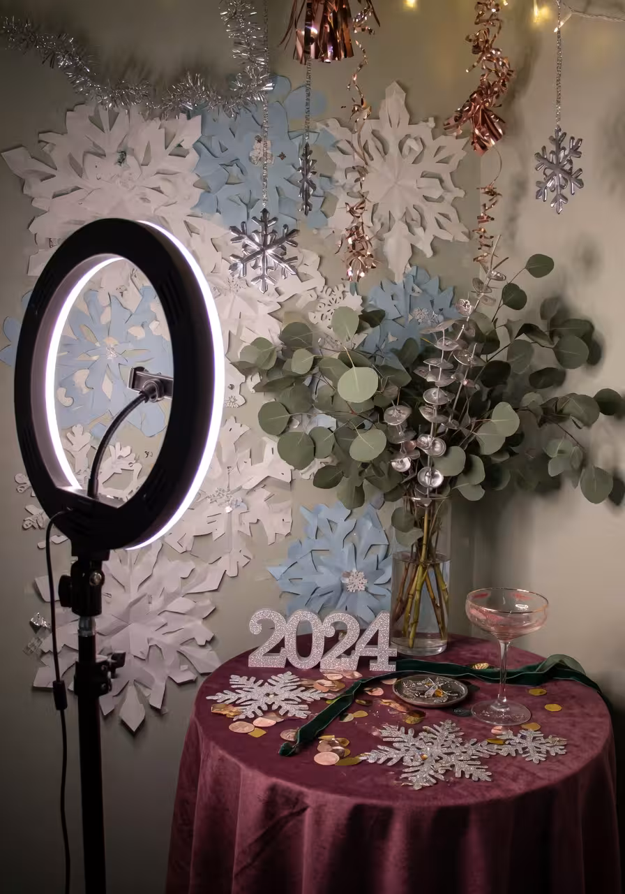 cozy photo station corner with a ring light, eucalyptus stem backdrop in a tall vase, paper snowflake props and vintage ornaments