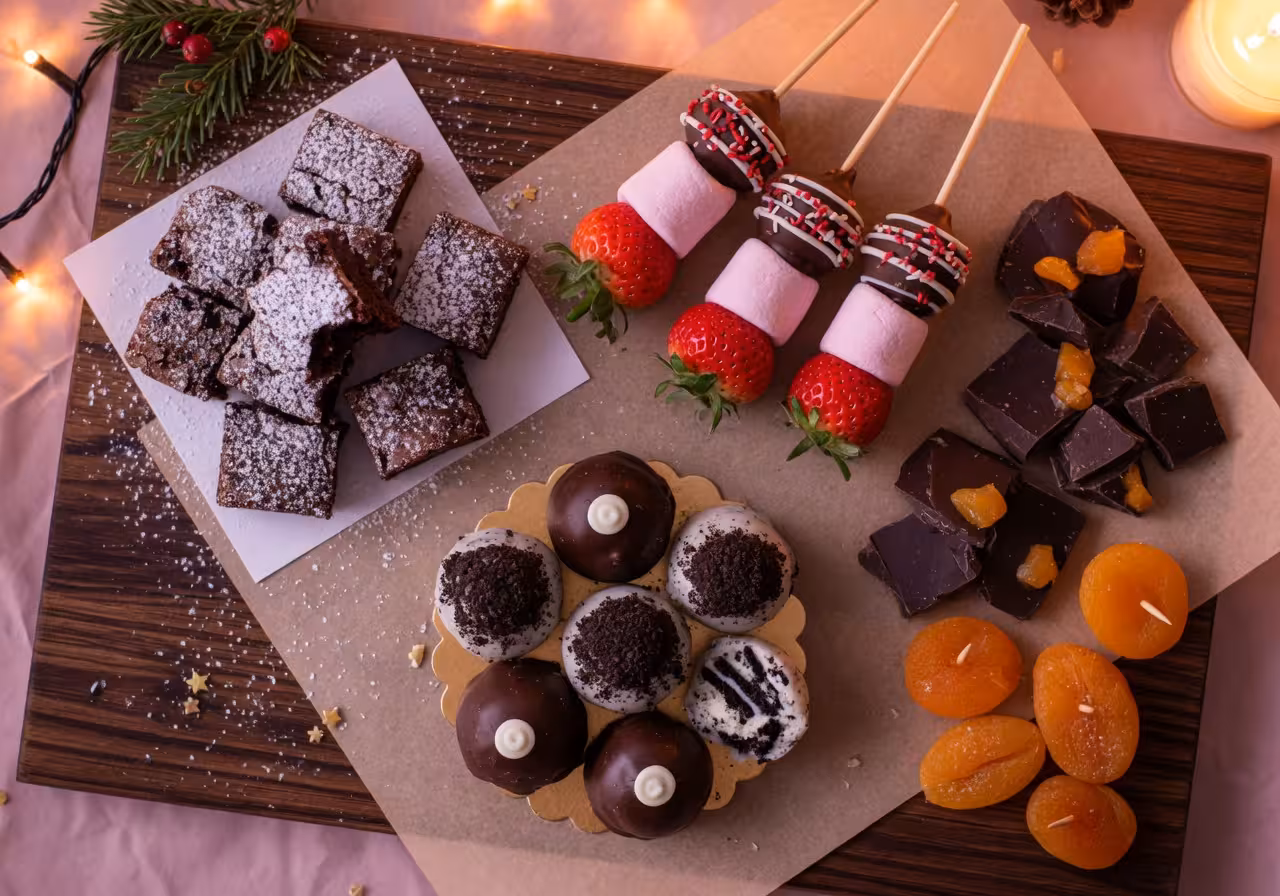 Sweet dessert finger foods including mini brownie bites dusted with powdered sugar, chocolate-dipped