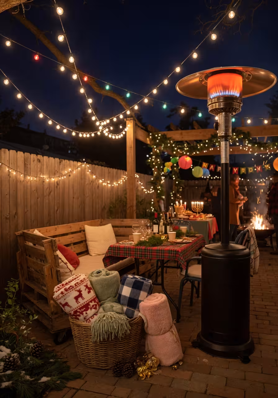 Cozy outdoor seating area with rolled fleece blankets in a basket, a glowing patio heater, and string lights
