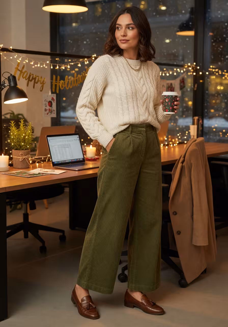 Wide-leg olive corduroy pants with a cream cable-knit sweater and leather loafers, a business casual holiday look