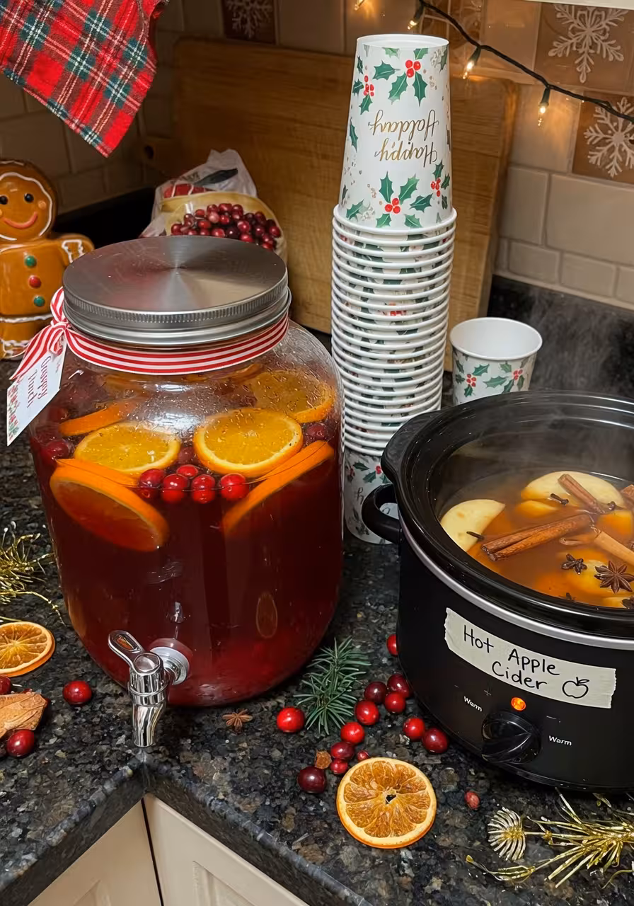 large glass beverage dispenser filled with cranberry punch with floating orange slices and cranberries