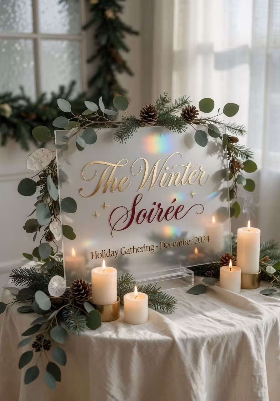 Custom acrylic sign with an elegant holiday party name in modern calligraphy surrounded by fresh eucalyptus