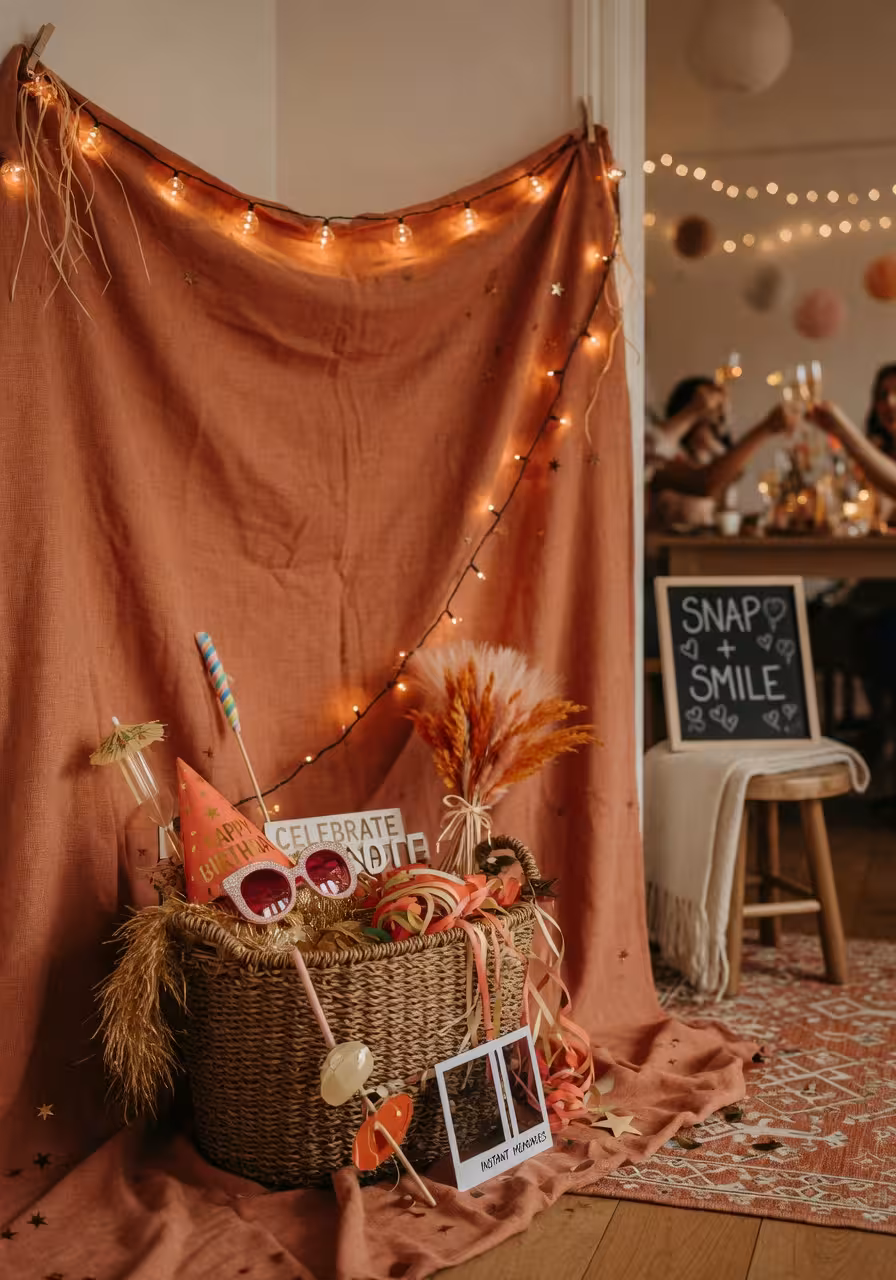 Cozy corner photo booth with a terracotta fabric backdrop, a wicker basket of festive props, and warm string lights