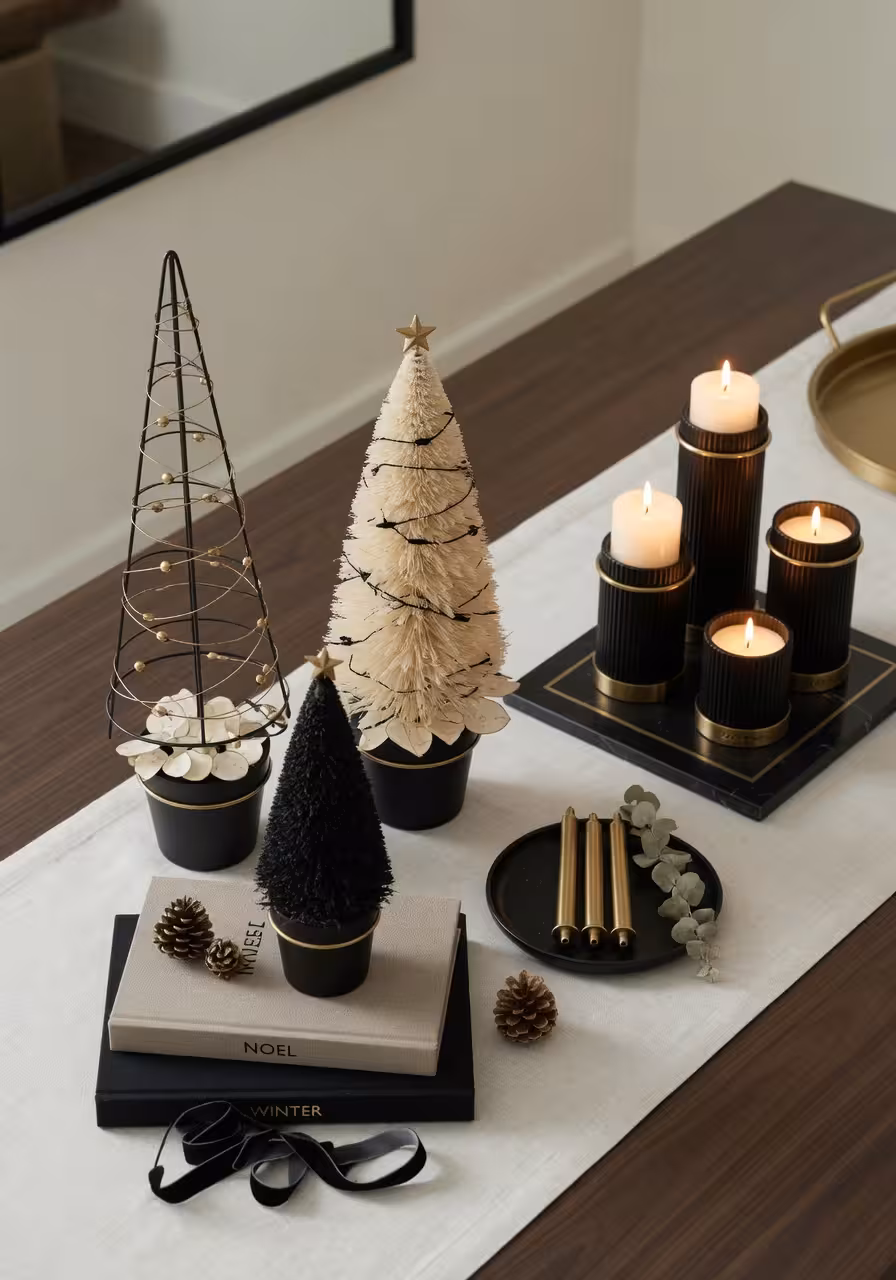 Minimalist modern holiday decor with small tabletop Christmas trees and battery operated candles in groups of three