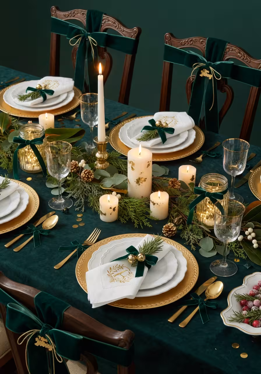 Elegant emerald green and gold holiday table setting with velvet ribbon on chair backs and gold chargers