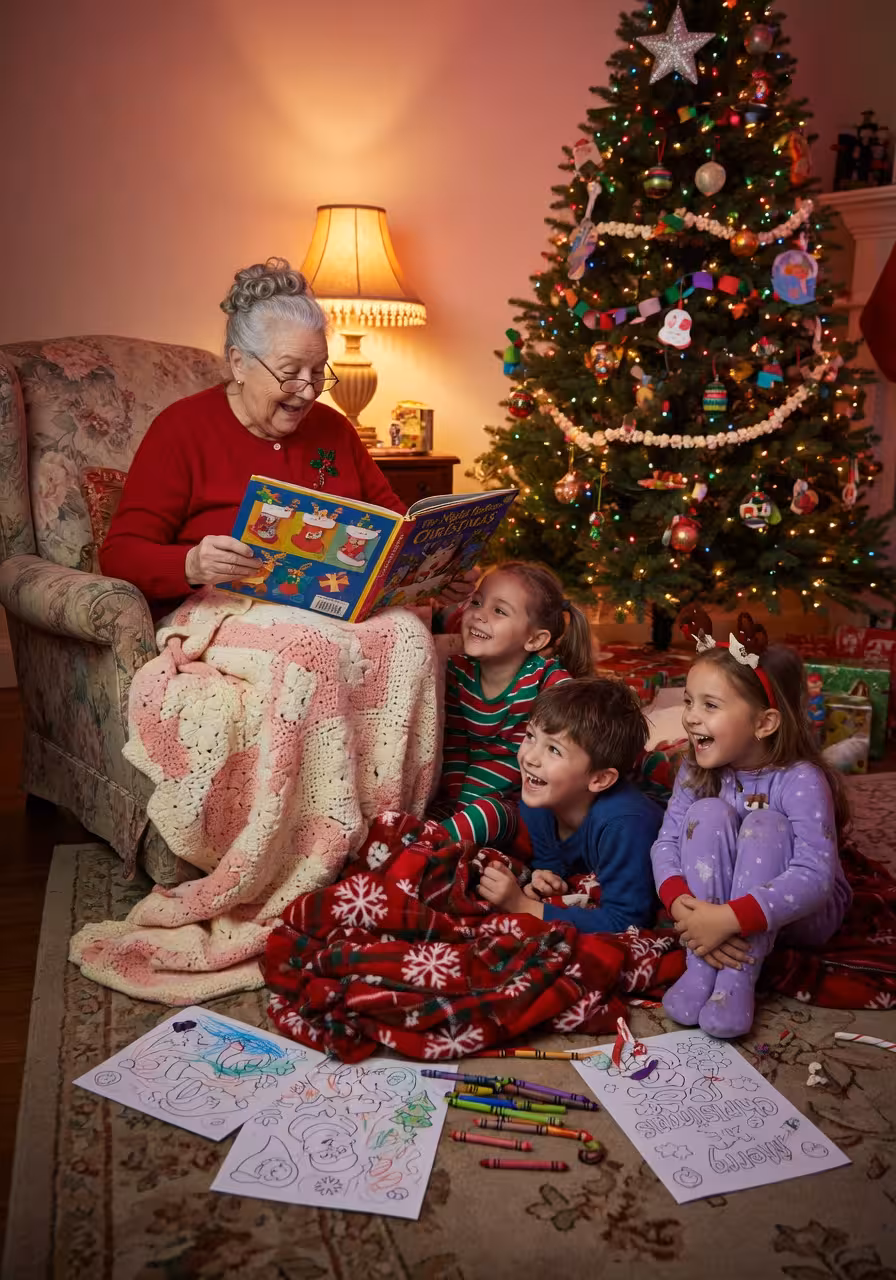 Grandmother reading a holiday picture book to children sitting on the floor around her on a soft blanket