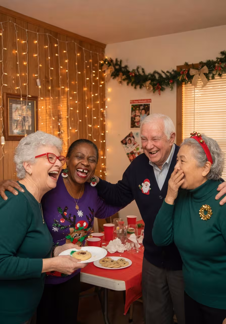 Small group of seniors laughing together at a holiday party with battery-operated string lights glowing softly