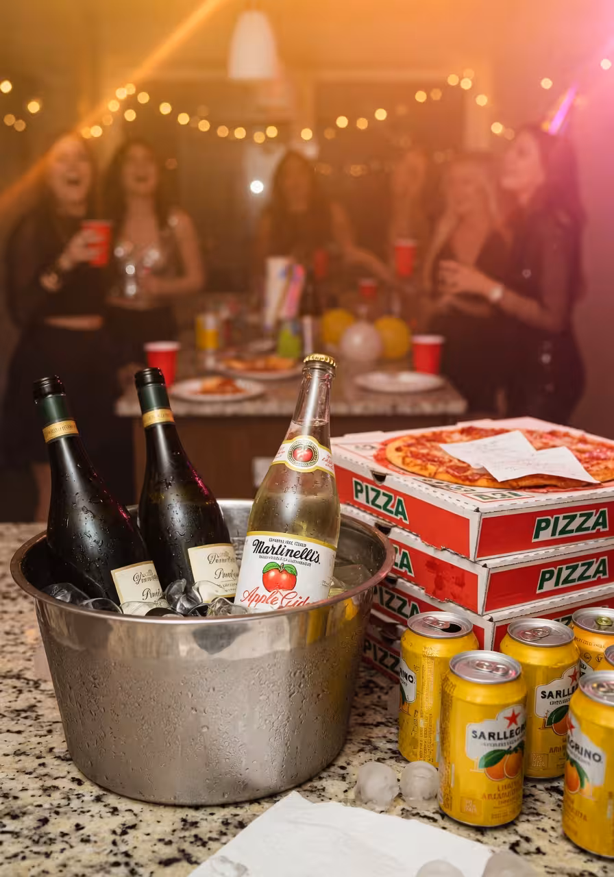 Ice bucket with wine bottles and sparkling cider on a counter next to stacked pizza boxes