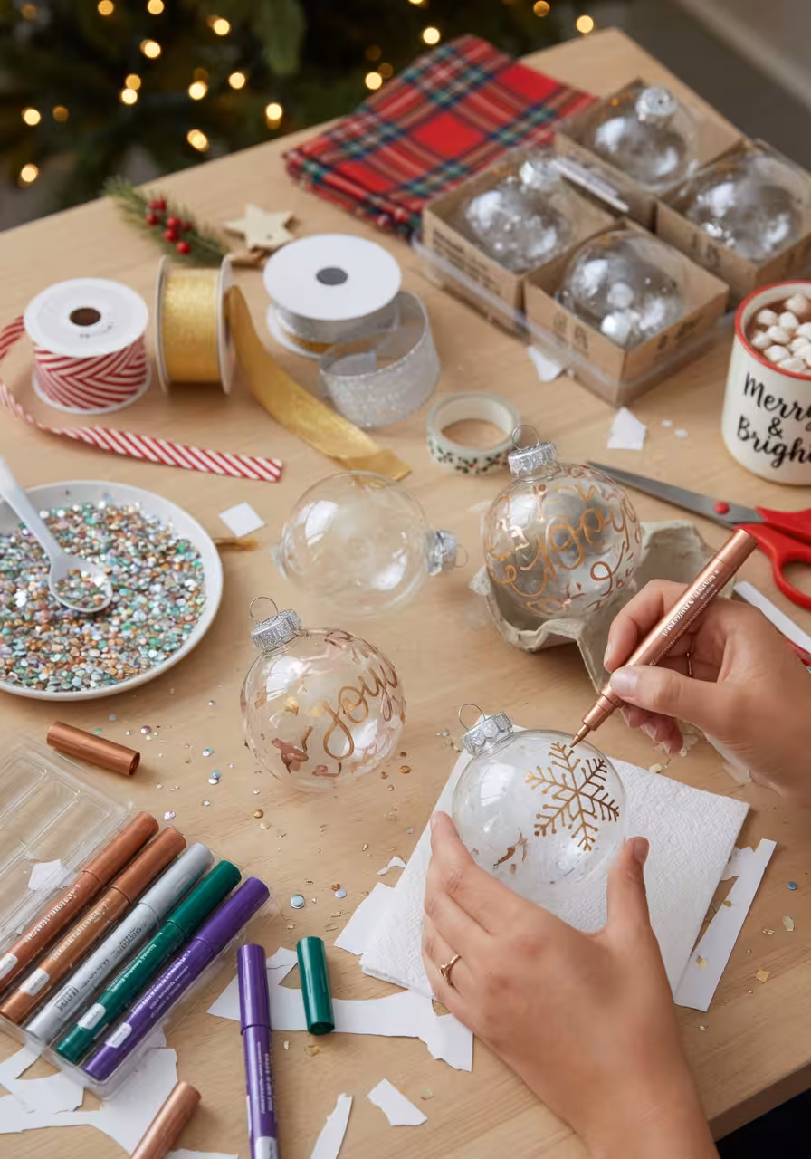 DIY ornament crafting station with clear glass ball ornaments, metallic paint pens, and glitter supplies