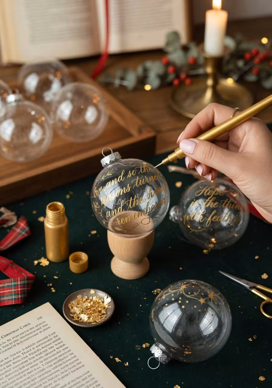 Clear glass ornaments being decorated with book quotes using a gold paint pen, close-up of a hand writing