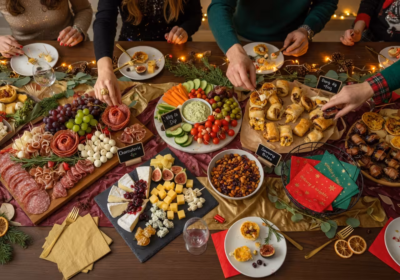 Wide angle shot of complete holiday grazing table with multiple boards, finger foods arranged in sec